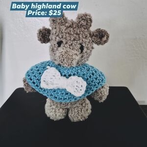 Crocheted Highland Cow Plush with Blue and White Cape